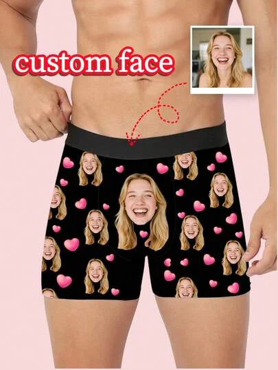 1pc Customized Men's Briefs - Personalized Face Pattern & Soft Heart Pattern | Best Gift For Valentine's Day/Anniversary, Ideal Boyfriend Gift, Men's Gift, Christmas Gift, Adult Christmas Stocking Stuffer, Gift For Boyfriend, Breathable, Funny, Novelty
