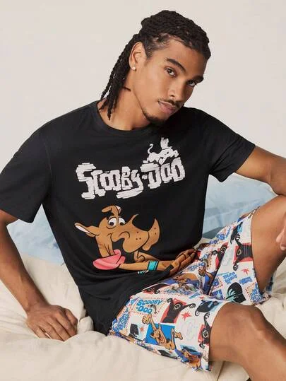 SCOOBY-DOO X SHEIN Men's Comfortable Letter Print Crew Neck Short Sleeve T-Shirt And Casual Shorts Pajama Set