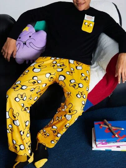 ADVENTURE TIME X SHEIN Men's Casual Fitted Knit Black Pocket Print T-Shirt & Full Print Yellow Jack Pants 2 Pieces Loungewear Set, Fall Winter Clothes