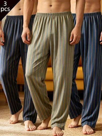 3pcs/Pack Men's Spring Autumn Fashion Striped Print Pajama Pants, Casual Loose Long Pants, Wearable Home Lounge Pants