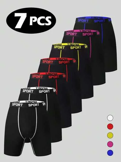 7 Pieces Men Sport Fit Boxer Briefs, Black Base With 5 Color Contrast Waistband Daily Active Underwear