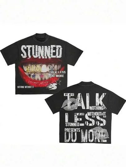 Women Tops Double-Sided T Shirt STUNNED Lip And Slogan Graphic Printing Graphic T Shirt, Round Neck Short Sleeved T-Shirt, Christmas