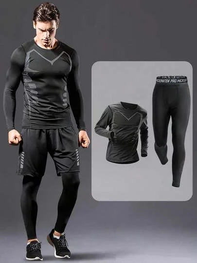 2pcs/Set Men's Fitness Suit, Elastic Quick-Dry Training, With Printed Pattern Long Sleeve Top And Long Pants, Suitable For Fitness Training, Basketball, Running, Shaping, Outdoor Running, Riding, Mountaineering, Night Running, Casual Sports Wear For Spring/Summer, Casual Outfit, 4 Season Wear, High Elasticity, Fast-Drying, Breathable