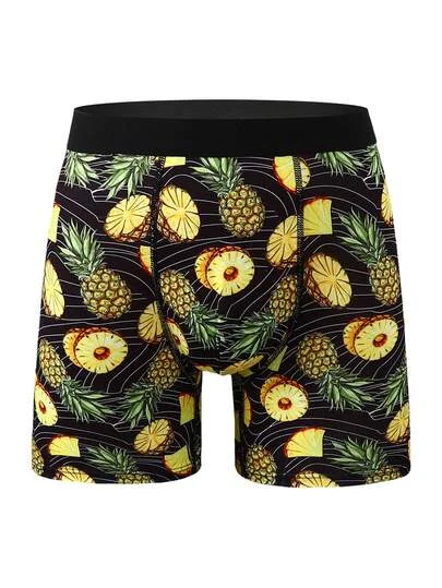 1pc Men's Fashion Pineapple Pattern Black Sports Pants, Comfortable Soft Mesh Lining, Long Leg Straight Leg Pants