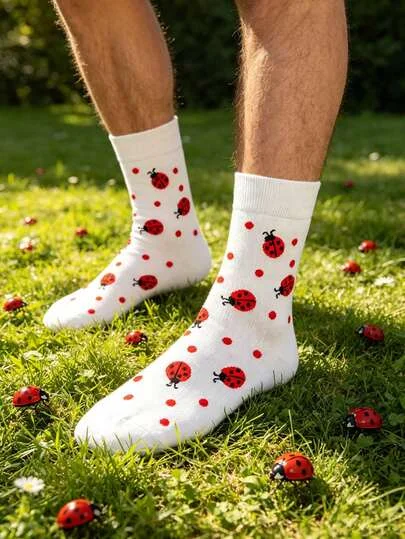 1 Pair Unisex White Ladybug Polka Dot Print Mid-Calf Socks, Fresh Whimsical Style, Breathable Casual Socks For All Seasons