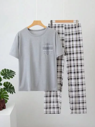 2pcs Men's Lightweight Pajama Set, Short Sleeve Top And Long Pants, Men's Spring/Summer Plaid Striped Loungewear Set