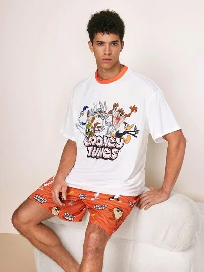 LOONEY TUNES X SHEIN Men's Cartoon Print Crew Neck Short Sleeve Top And Shorts Loungewear Set