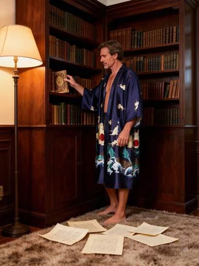 Men's Spring And Summer Oversized Printed Nightgown With Printed Traditional Japanese Elements Suitable For Home Wear